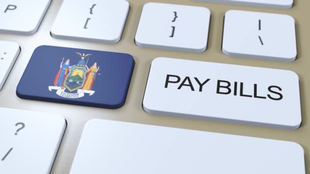 纽约州旗和支付法案文本关于按钮3D动画 — 图库视频影像