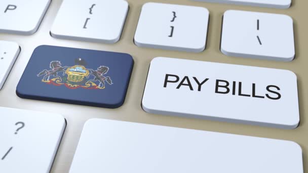 ペンシルベニア州旗とボタン3Dアニメーションの支払い法案テキスト — ストック動画