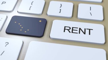 Alaska Kira Konsepti. Üç boyutlu animasyon. Düğmede Metin Kirası Olan Bayrak.