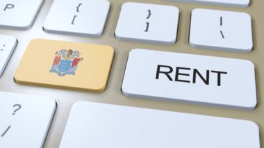 New Jersey Kira Konsepti. Üç boyutlu animasyon. Düğmede Metin Kirası Olan Bayrak.