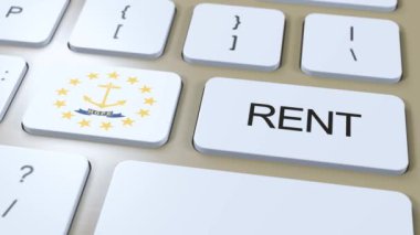 Rhode Island Kira Konsepti. Üç boyutlu animasyon. Düğmede Metin Kirası Olan Bayrak.