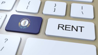 Kentucky Rent Konsepti. Üç boyutlu animasyon. Düğmede Metin Kirası Olan Bayrak.
