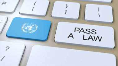 New York, ABD - 15 Mart 2024: Birleşmiş Milletler Birleşmiş Milletler Bayrakları Düğme 3D İllüstrasyon, İllüstrasyon Editörlüğü Üzerine Bir Yasa Metni Geçirdi.