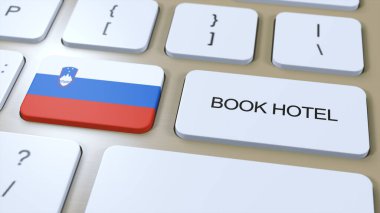 Slovenya 'da internet sitesi olan bir otel rezervasyonu. Bilgisayar klavyesindeki düğme. Seyahat konsepti 3 boyutlu animasyon. Otel metni ve ulusal bayrak rezervasyonu. 3B illüstrasyon.
