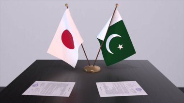 Pakistan and Japan national flags, political deal, diplomatic meeting. Politics and business 3D illustration.