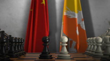 Bhutan ve Çin Ulusal Bayrağı. Politika ve Çatışma 3 boyutlu illüstrasyon. Satranç tahtası oyunu.