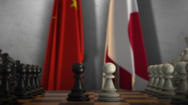 Japonya ve Çin Ulusal Bayrağı. Politika ve Çatışma 3 boyutlu illüstrasyon. Satranç tahtası oyunu.