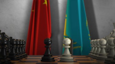 Kazakistan ve Çin Ulusal Bayrağı. Politika ve Çatışma 3 boyutlu illüstrasyon. Satranç tahtası oyunu.