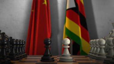 Zimbabve ve Çin Ulusal Bayrağı. Politika ve Çatışma 3 boyutlu illüstrasyon. Satranç tahtası oyunu.