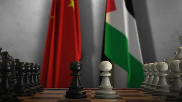 stock image Palestine And China National Flags. Politics And Conflict 3D Illustration. Chess Board Game Play.