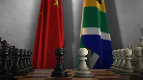 stock image South Africa And China National Flags. Politics And Conflict 3D Illustration. Chess Board Game Play.