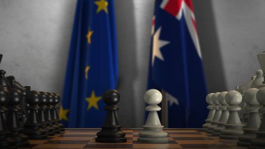 Avustralya ve AB Bayrakları. Politika ve Çatışma Konsepti 3 boyutlu illüstrasyon. Satranç tahtası oyunu.