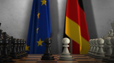 Almanya ve AB Bayrakları. Politika ve Çatışma Konsepti 3 boyutlu illüstrasyon. Satranç tahtası oyunu.