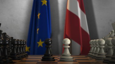 Letonya ve AB Bayrakları. Politika ve Çatışma Konsepti 3 boyutlu illüstrasyon. Satranç tahtası oyunu.