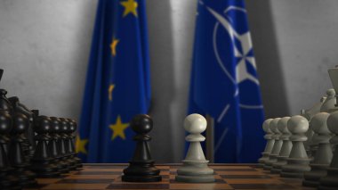 New York, ABD - 9 Mayıs 2024: NATO ve AB Bayrakları. Politika ve Çatışma Konsepti 3 boyutlu illüstrasyon. Satranç Tahtası Oyunu, İllüstrasyon Editörü.