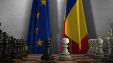 Romanya ve AB Bayrakları. Politika ve Çatışma Konsepti 3 boyutlu illüstrasyon. Satranç tahtası oyunu.