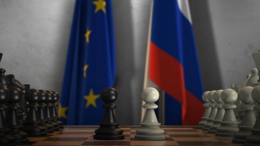 Rusya ve AB Bayrakları. Politika ve Çatışma Konsepti 3 boyutlu illüstrasyon. Satranç tahtası oyunu.