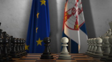 Sırbistan ve AB Bayrakları. Politika ve Çatışma Konsepti 3 boyutlu illüstrasyon. Satranç tahtası oyunu.