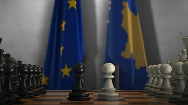 stock image Kosovo And EU Flags. Politics And Conflict Concept 3D Illustration. Chess Board Game Play.