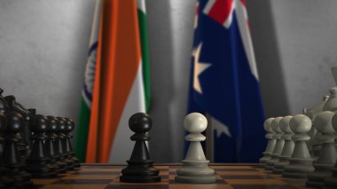 Avustralya ve Hindistan Bayrakları ile Satranç Oyunu 3D Illustration. Siyasi Kavram, Hükümet Çatışması.