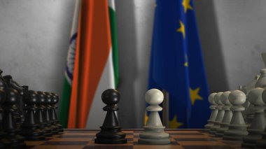 Satranç Oyunu 3D İllüstrasyonlu AB ve Hindistan Bayrakları. Siyasi Kavram, Hükümet Çatışması.
