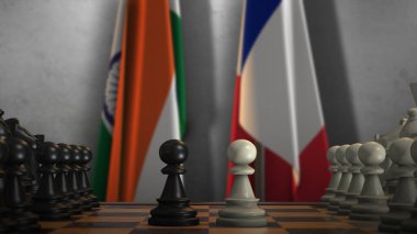 Fransa ve Hindistan Bayrakları ve Satranç Oyunu 3D İllüstrasyon. Siyasi Kavram, Hükümet Çatışması.