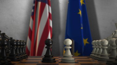 Avrupa Birliği ve ABD Ulusal Satranç Kurulu 3D İllüstrasyonlu Bayrakları. Hükümet Siyaseti ya da Ülkeler Anlaşmazlığı.