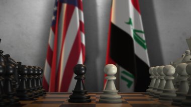 Irak ve ABD Ulusal Santranç Kurulu 3 boyutlu illüstrasyonlu bayrakları. Hükümet Siyaseti ya da Ülkeler Anlaşmazlığı.