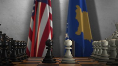 Kosova ve ABD Ulusal Satranç Kurulu 3D İllüstrasyonlu Bayrakları. Hükümet Siyaseti ya da Ülkeler Anlaşmazlığı.