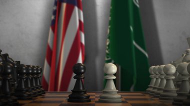 Suudi Arabistan ve Satranç Tahtası 3D İllüstrasyonlu ABD Ulusal Bayrağı. Hükümet Siyaseti ya da Ülkeler Anlaşmazlığı.