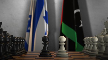 Libya ve İsrail Ulusal Bayrağı Satranç Oyunu 3D İllüstrasyonlu. Siyasi Kavram, Hükümet Çatışması.