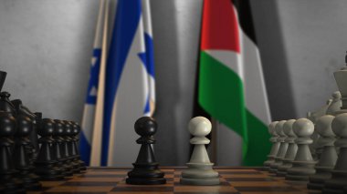 Filistin ve İsrail Ulusal Bayrağı Satranç Oyunu 3D İllüstrasyonlu. Siyasi Kavram, Hükümet Çatışması.