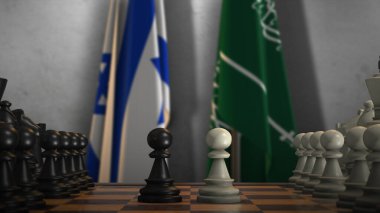 Suudi Arabistan ve İsrail Ulusal Bayrağı ile Satranç Oyunu 3D İllüstrasyon. Siyasi Kavram, Hükümet Çatışması.