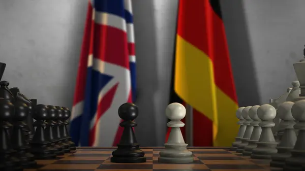 stock image Germany and United Kingdom National Flags with Chess Board 3D Illustration. Politics of Government or Conflict of Countries Concept.