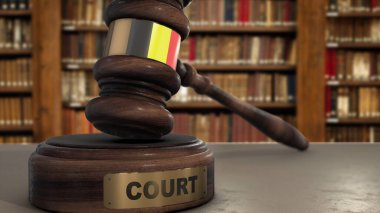 Belgium Flag on Judge Gavel or Hammer in Court with Word Court 3D Illustration. clipart