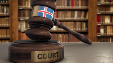 Yargıç Gavel İzlanda Bayrağı ya da Mahkeme 'de 3D Görüntü Yöntemiyle Çekiç.