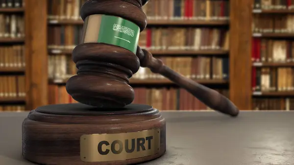 stock image Saudi Arabia Flag on Judge Gavel or Hammer in Court with Word Court 3D Illustration.