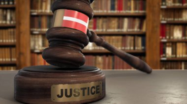 Letonya Bayrağı, Yargıç Hammer 'ın Adalet Divanı' nda. Adalet Sistemi 3B Görüntü.