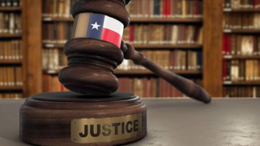 Texas Bayrağı, Yargıç Hammer 'ın Adalet Divanı' nda. Adalet Sistemi 3B Görüntü.
