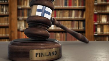 Yargıç Gavel 'in Finlandiya Bayrağı ya da Ülke Adlı Mahkemede Çekiç. Hukuki Sistem 3B İllüstrasyon.