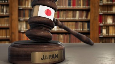 Yargıç Gavel 'e Japon Bayrağı ya da Ülke Adlı Mahkemede Çekiç. Hukuki Sistem 3B İllüstrasyon.