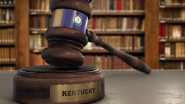 Yargıç Gavel 'in Kentucky Bayrağı ya da Eyalet Adlı Çekiç. Hukuki Sistem 3B İllüstrasyon.