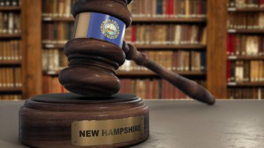 Yargıç Gavel 'in New Hampshire Bayrağı ya da Eyalet Adlı Çekiç. Hukuki Sistem 3B İllüstrasyon.