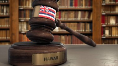 Hawaii Flag on Judge Gavel or Hammer in Court with State Name. Legal System 3D Illustration. clipart