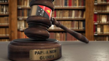 Yargıç Gavel 'de Papua Yeni Gine Bayrağı ya da Ülke Adlı Mahkemede Çekiç. Hukuki Sistem 3B İllüstrasyon.