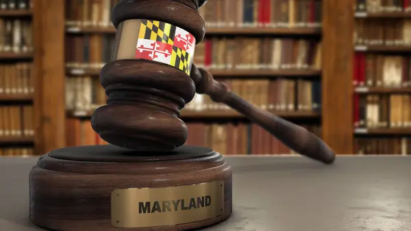 stock image Maryland Flag on Judge Gavel or Hammer in Court with State Name. Legal System 3D Illustration.