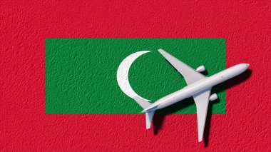 Maldivler Ulusal Bayrak ve Uçak Dalgası. Uçak Ülkeye Uçuyor. Uçuş ve Seyahat 3D Görüntü.