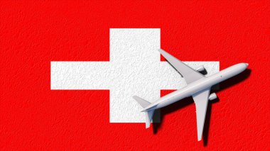 İsviçre Ulusal Bayrağı ve Uçak Dalgası. Uçak Ülkeye Uçuyor. Uçuş ve Seyahat 3D Görüntü.