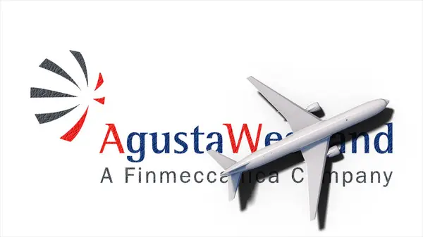 stock image New York, USA - 9 May 2024: Agusta Westland company logo with plane flight 3D Illustration, Illustrative Editorial.