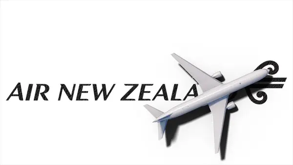 stock image New York, USA - 9 May 2024: Air New Zealand company logo with plane flight 3D Illustration, Illustrative Editorial.